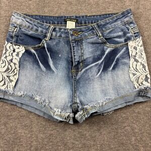 Feline Denim Shorts JUNIORS M. Distressed Lace Trim Raw Hem Summer Festival Boho